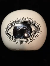 Unusual Ceramic White Blue Eyeball 3” Round Art Object Tabletop/Shelf Decor