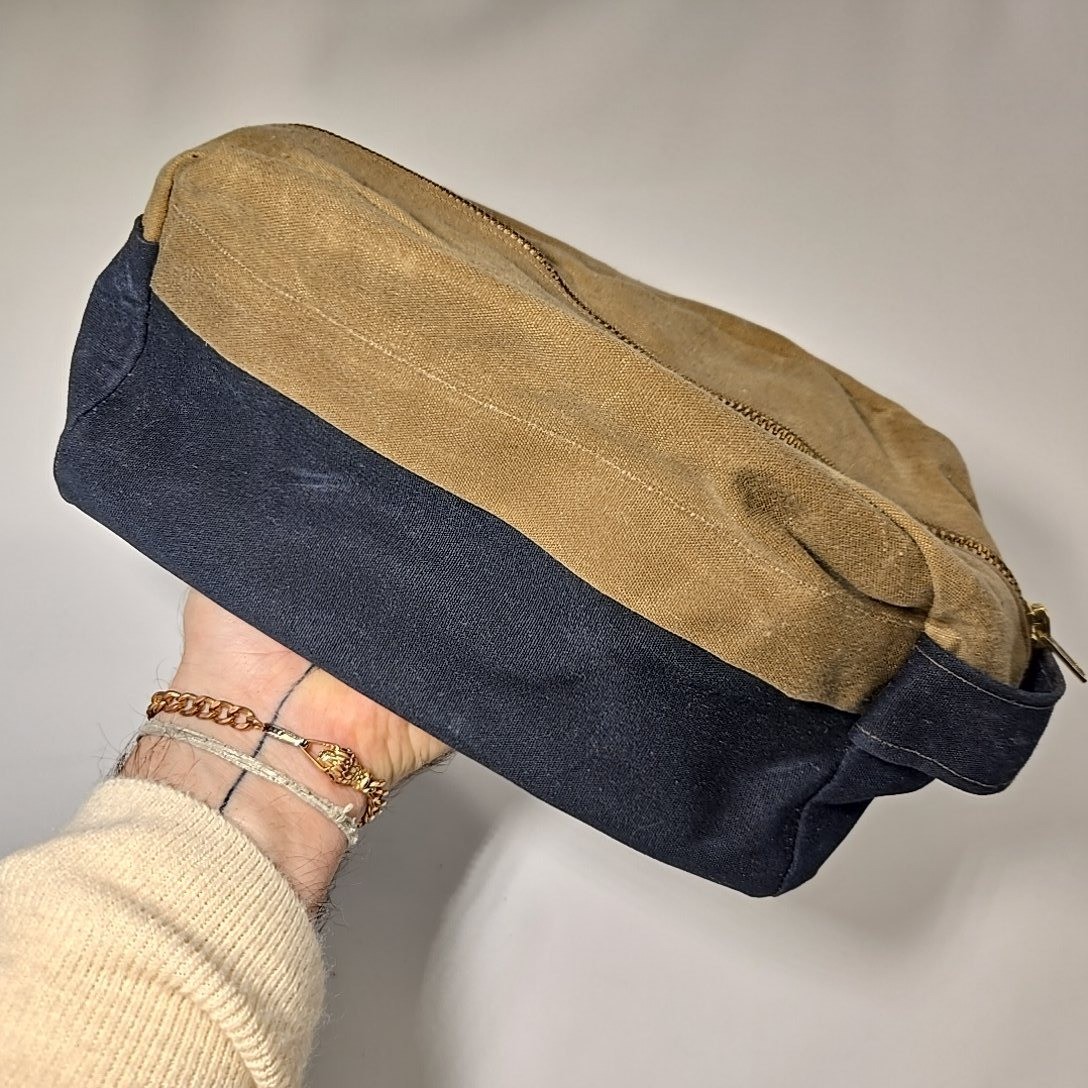 Canvas Dopp Groom Kit Tan Navy Toiletry Travel Bag Waxed Style Zip Top 4.5x12x5"