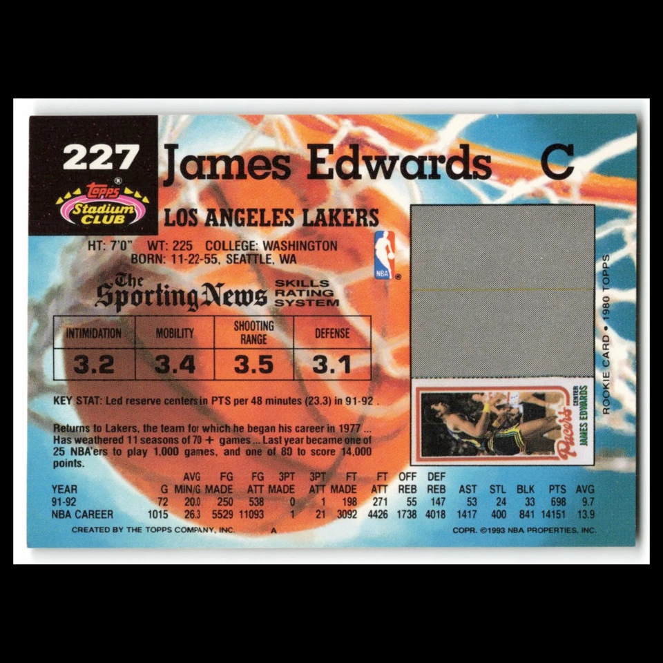 James Edwards #227 1992 Topps Stadium Club Los Angeles Lakers Basketball Card NM - Image 2 of 3