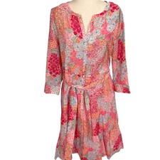 Talbots Dress Women 12 Pink Multi Floral Peasant Boho Gypsy Ruffle 3/4 Sleeve