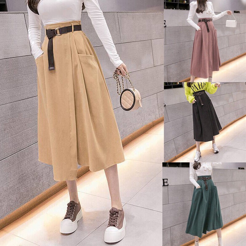 Women Fashion High Waist Midi Skirts Pockets Irregular Simple Elegant irregular