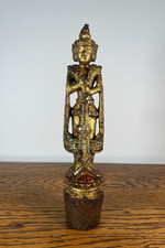 ANTIQUE 19TH C  GILT WOODEN CARVED THAI STANDING BUDDHA FIGURE