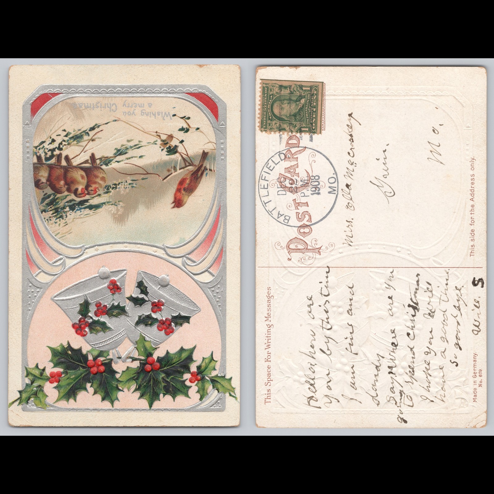 Antique Postcard Wishing You a Merry Christmas Birds Holly 1908 Battlefield MO