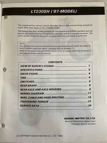 Suzuki 1987 LT230S LT-230S LT 230 S Supplementary Service Manual 99501-42060-01E - Bild 2 von 3