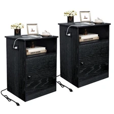 TC-HOMENY Nightstand Side End Table Night Stand Set of 2 with Charging Station