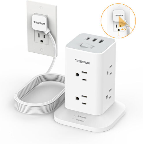 11 in 1 Tower Power Strip Flat Plug Extension Cord 8 Outlets 3 USB (1 USB C)
