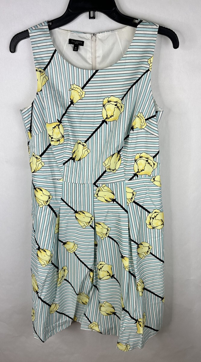 Talbots Womens Dress 8P Blue White Striped A Line Sleeveless Lined Stretch
