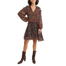 Anthropologie Helene Sheer Waist Drop Tunic Dress Black Floral Ruffled Chiffon S