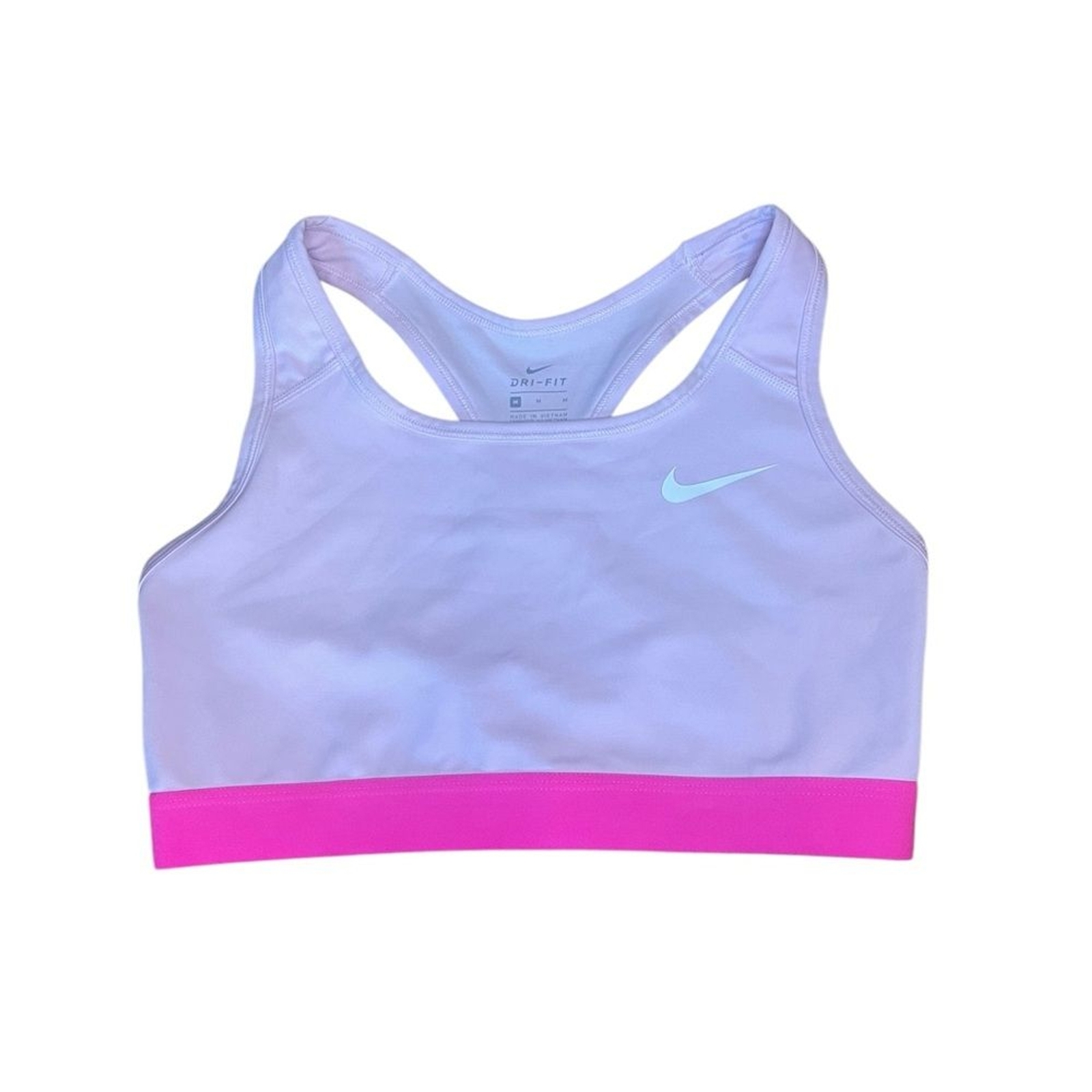 Nike Sports Bra Dri Fit Swoosh Medium Support Pink White Logo Womens Medium