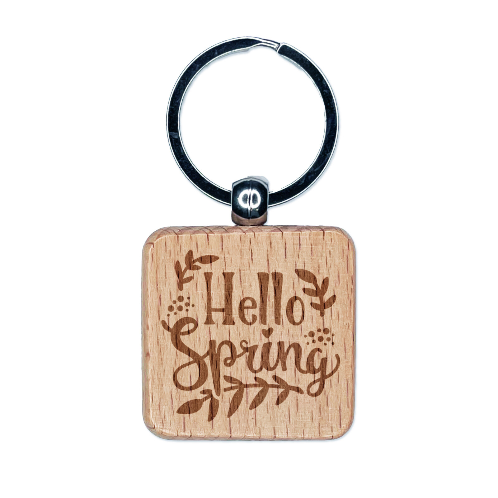Floral Engraved Wood Spring Keychain Charm Tag