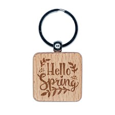 Hello Spring Floral Engraved Wood Square Keychain Tag Charm
