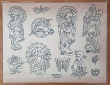 Percy Waters Traditional Vintage Tattoo Flash Production Sheet Japanese Geisha
