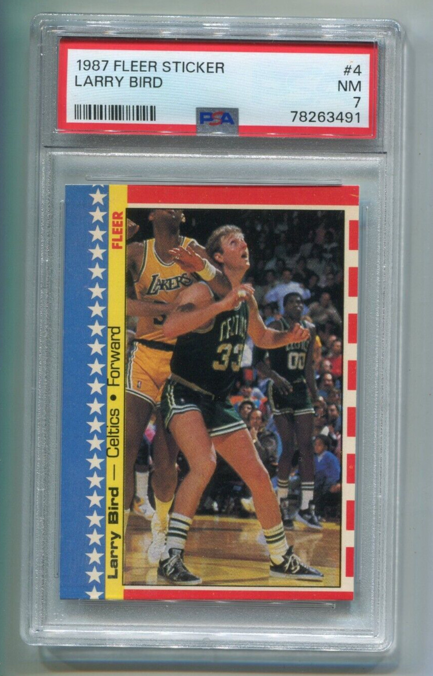 LARRY BIRD BOSTON CELTICS 1987 FLEER NBA BASKETBALL STICKER #4 PSA 7
