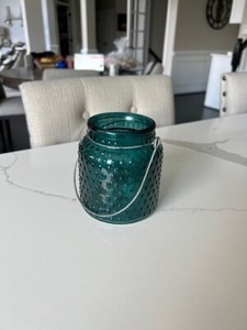 Rustic Hanging Hobnail Style Blue Glass Jar  Flower Vase Candle Holder Decor