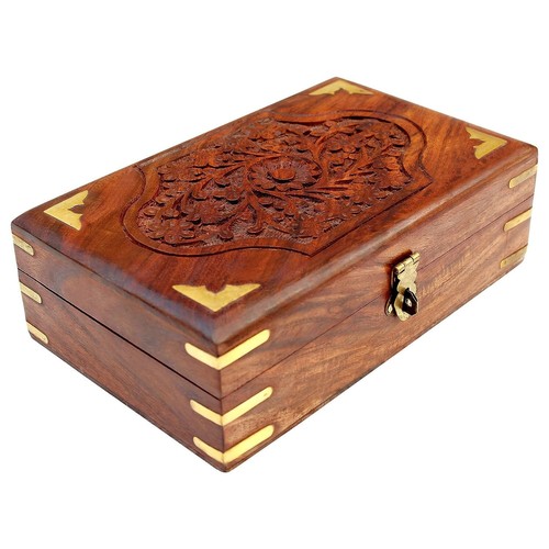 Beautiful Wooden Jewelery Box Women Jewel Organizer Hand Carved Gifts 8x5 Inch
