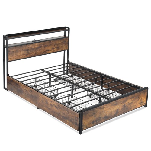 Double Size Bed Frame Metal Platform Bed w/4 Storage Drawers & Storage Headboard - Picture 18 of 19