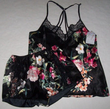 NWT In Bloom by Jonquil BLACK/PINK FLORAL ROMANCE SATIN Pajama Shorts Set S Lace