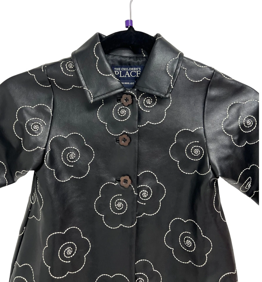 The Children's Place Toddler Girl's Black Floral Faux Leather Coat Size 3T/36M - Image 2 of 4