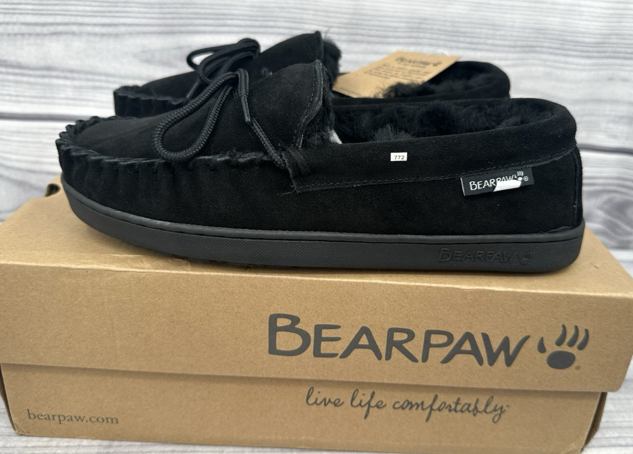BEARPAW MOC II WIDE SUEDE SLIPPERS   Men's Size 10 Wide   BLACK   NEW IN BOX!!