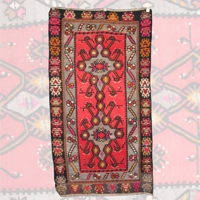 Vintage Red Anatolian Kilim - 3x6 ft | Handmade Rustic Turkish Rug for Area