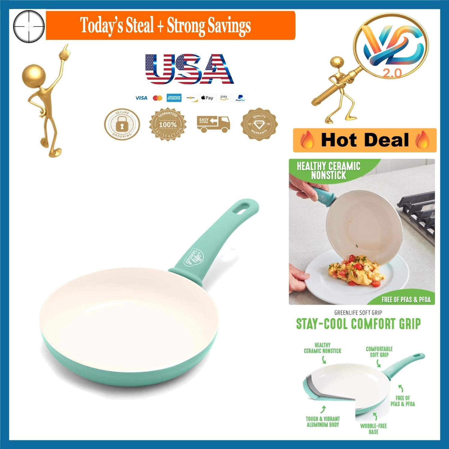 Healthy Ceramic Nonstick 8-Inch Frying Pan Turquoise Stay-Cool Handle