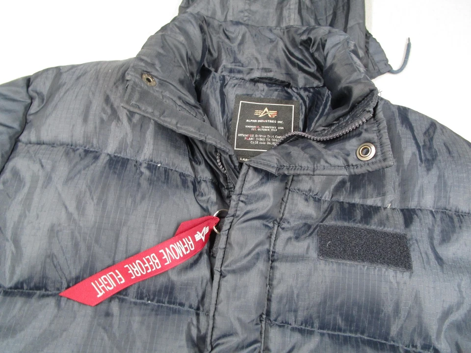 Alpha Industries Jacket Mens Large Blue Hooded Puffer Down Feather Ripstop - Image 2 of 4