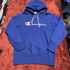 Vintage Champion Hoodie Boys Lg Blue spellout Reverse Weave Warm Up 80s VTG