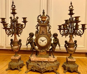 27" Imperial Rococo Clock Matching Candelabras bronze/marble Satyrs Italy L.A,CA