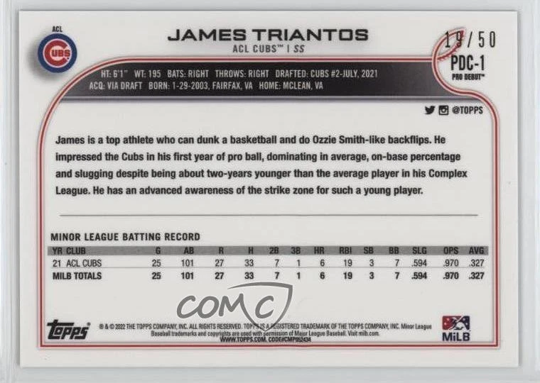 2022 Topps Pro Debut Chrome Gold Refractor /50 James Triantos #PDC-1 - Image 2 of 2