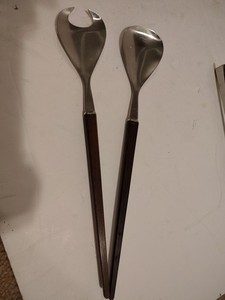 RARE MCM Lundtofte Salad Utensils, Stainless Steel Wood Handle Made In Denmark