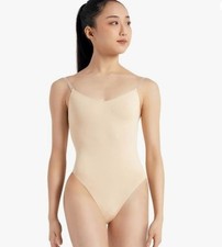 NEW Capezio Camisole Bodysuit Adjustable Clear Straps NWT Beige Large