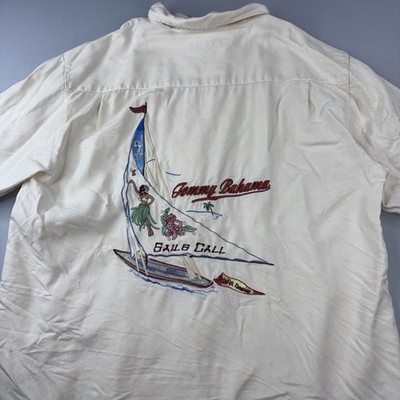 Tommy Bahama Camp Shirt Men Large Cream 100% Silk Sails Call Embroidered