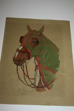 🐎 LITHOGRAPHIE ANCIENNE TÊTE DE CHEVAL DE COURSE — ANDRÉ FRÉMOND (1884-1965) —