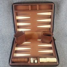 Vintage Brown Faux Leather Mini Travel Magnetic Backgammon Set Zip Up Case