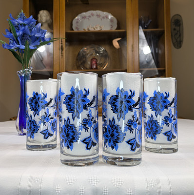 Set of 4 Royal Norfolk Blue Floral Glass Coolers Tumblers 16.3 oz 6''H Flowers