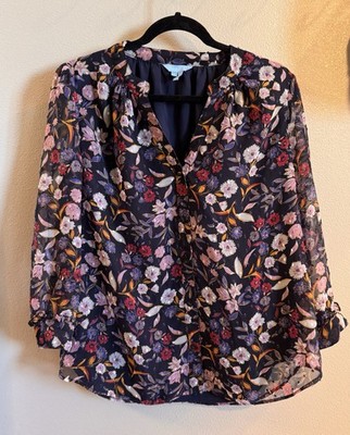 Draper James Navy Floral Chiffon Sheer V-Neck Button Front Blouse, L