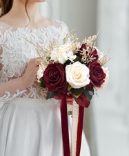 Bride Bouquets for Wedding Burgundy Artificial Flowers Roses Tossing Bouquet ...