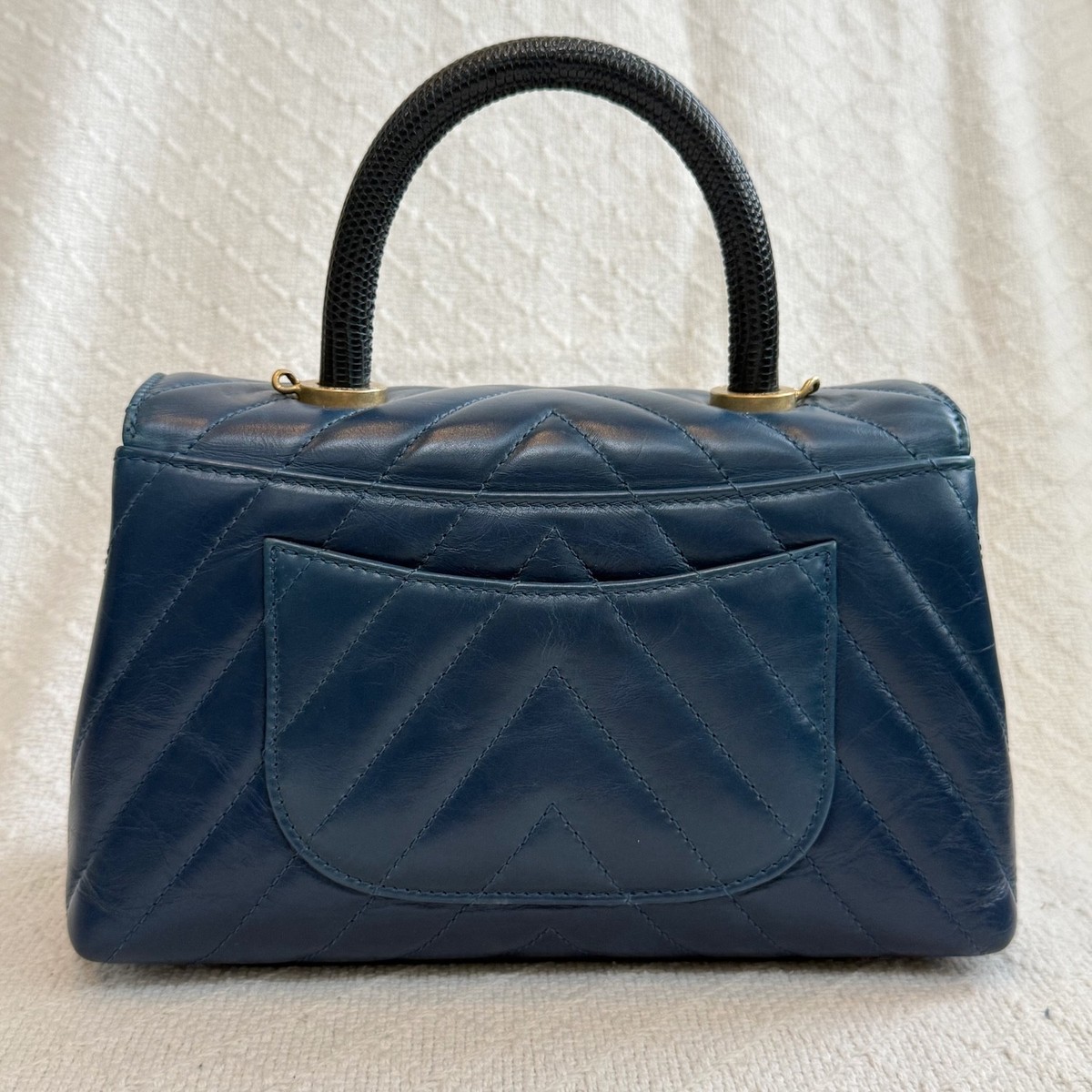 CHANEL Coco Handle Flap Bag Blue Chevron Calfskin Lizard Handle