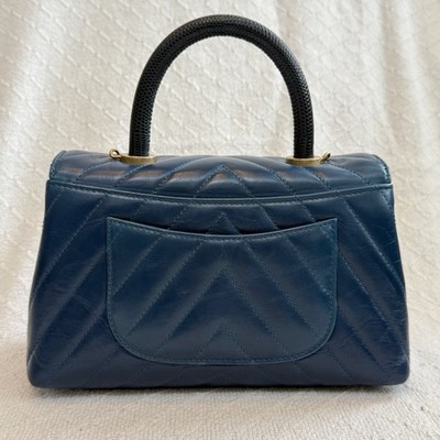 CHANEL Coco Handle Flap Bag Blue Chevron Calfskin Lizard Handle