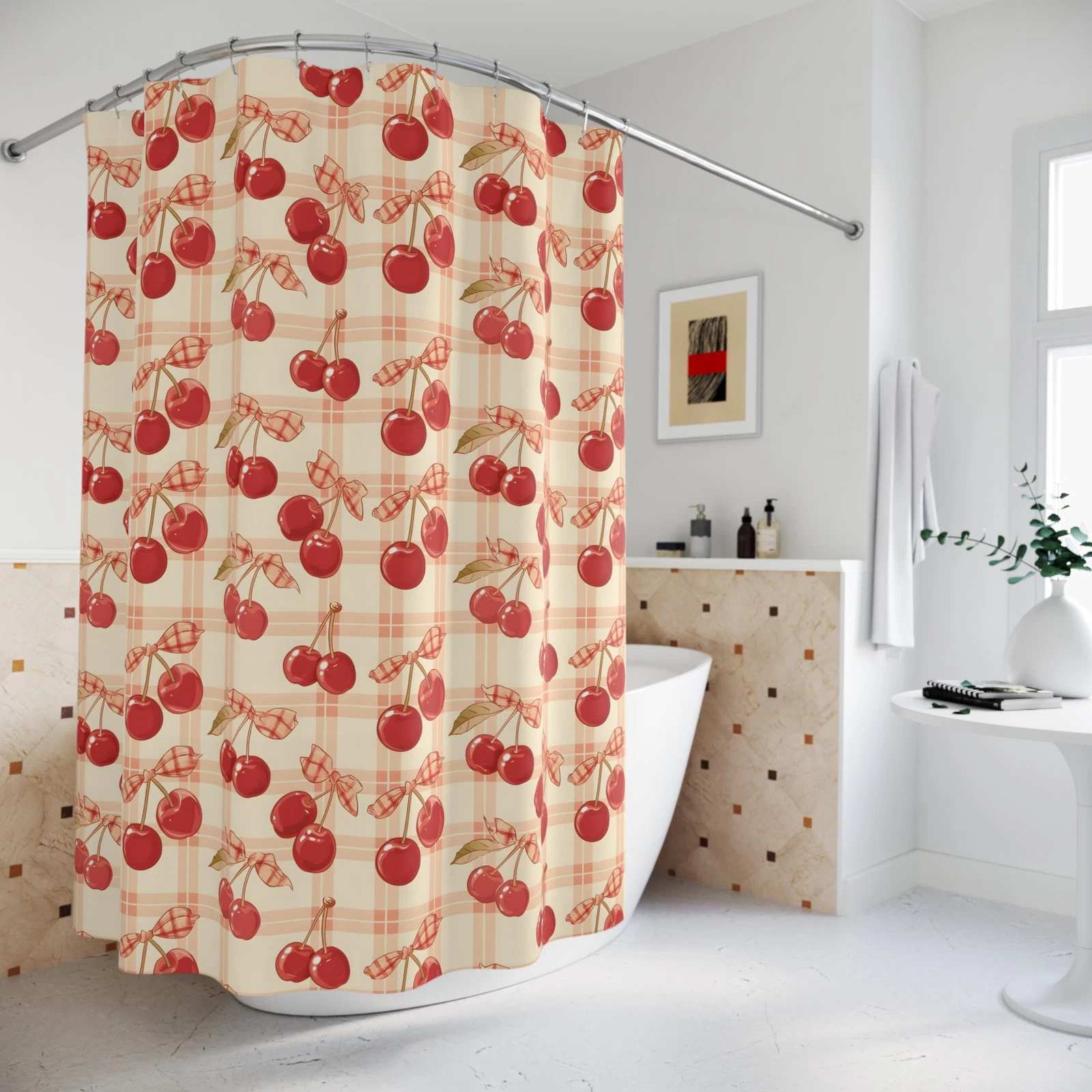 Cherry Plaid Shower Curtain, Retro Fruit Pattern