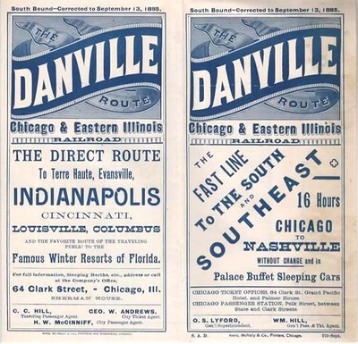 1885 CHICAGO & EASTERN ILLINOIS RAILROAD  C&EI  TIMETABLE  THE DANVILLE ROUTE