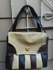 Vintage 70's handbag faux leather vinyl handmade brown, black, beige