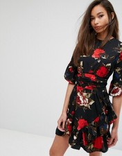 Pretty Little Thing Black Floral Floral Flower Print Frill Mini Dress. Size 16