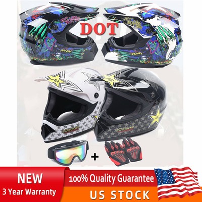 DOT Motorcycle Adult Helmet +Goggles +Gloves Motocross MX ATV Dirt Bike Off-Road