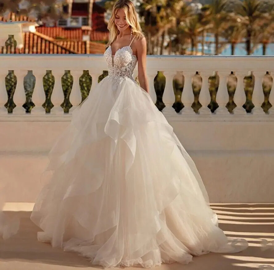 ALine Wedding Dresses Pleat Spaghetti V Neck Tulle Ruffles Tiered For Women  Robe | eBay