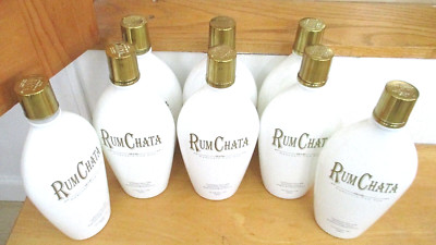 8 Empty RUM CHATA 750 ML WHITE GLASS Bottles Metallic Gold Screw On Plastic Tops