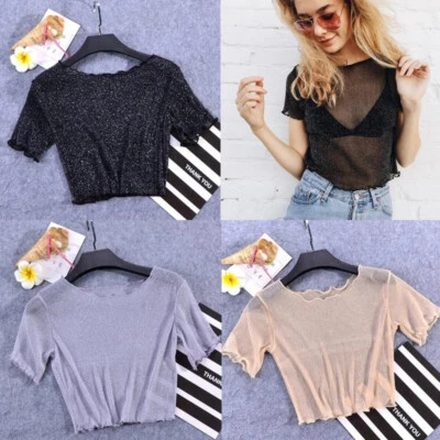 Damen-T-Shirt Aus Glänzendem Mesh Mit Kurzen Ärmeln Transparentes Club-T- , - Bild 1 von 4