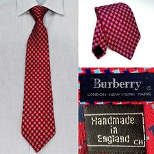 VINTAGE BURBERRY Silk Tie Men's 3 7/8 x 59 Red Navy Geometric England 100 Silk