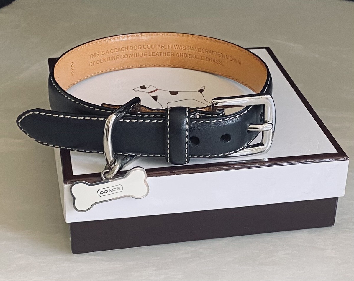 COACH BLACK SMOOTH LEATHER WHITE BONE CHARM DOG COLLAR 4000 SIZE SMALL EUC