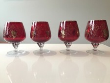 4 antique Murano wine glasses ruby red with gold leaf